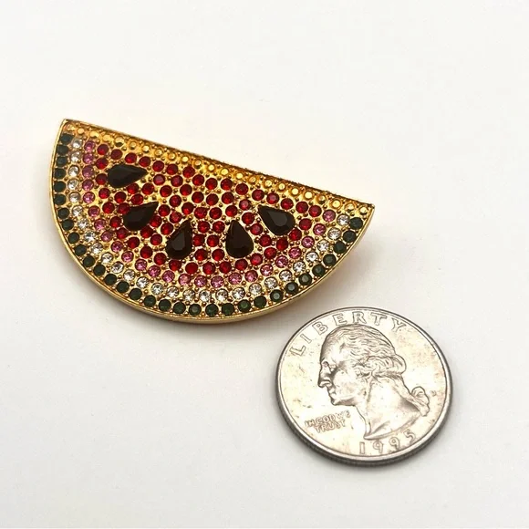 Vintage Carlisle Signed Swarovski Rhinestone Red Pink Gold Watermelon Brooch - Picture 8 of 10